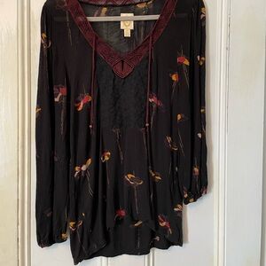 Anthropologie Black and Burgundy Floral Blouse